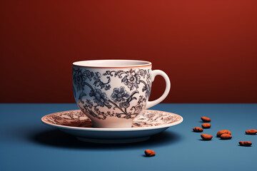 An artistically rendered scene highlighting a minimalist Turkish coffee cup, adorned with intricate patterns, against a serene background, creating a visually rich.