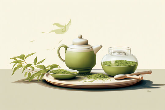 A sleek and modern illustration featuring a minimalist matcha tea set, highlighting the vibrant green hues of the powdered tea against a calm background.