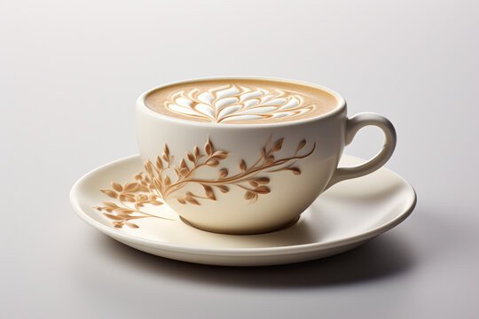 A visually elaborate scene capturing the artistry of a minimalist latte art in a serene coffee cup, against a plain background, showcasing the beauty.