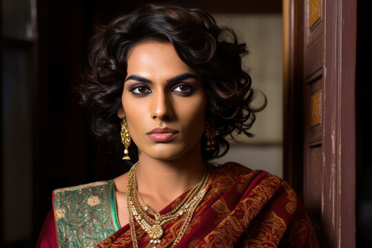 
Portrait photo of a young transgender Hijra man dressed in women's traditional Indian attire, exuding confidence and vibrancy