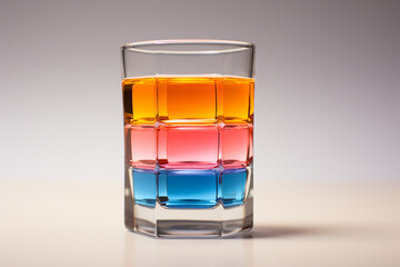 An intricately designed scene capturing the elegance of a minimalist rainbow jelly shot, featuring perfectly layered and vibrant colors in a clear shot glass against.
