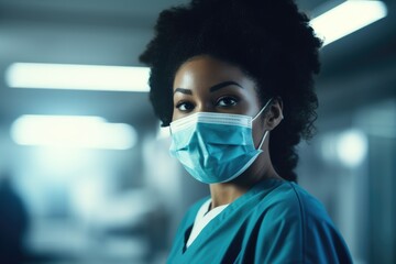 Young dark-skinned woman in a medical mask - Powered by Adobe