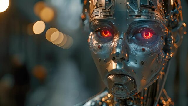 A digital cyborg woman with glowing red eyes and metallic silver lips, her skin adorned with intricate silver and gold circuit designs.