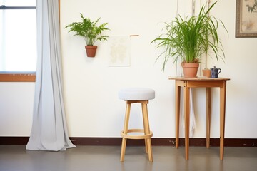 studio corner with plant, stool, and draped muslin fabric - obrazy, fototapety, plakaty