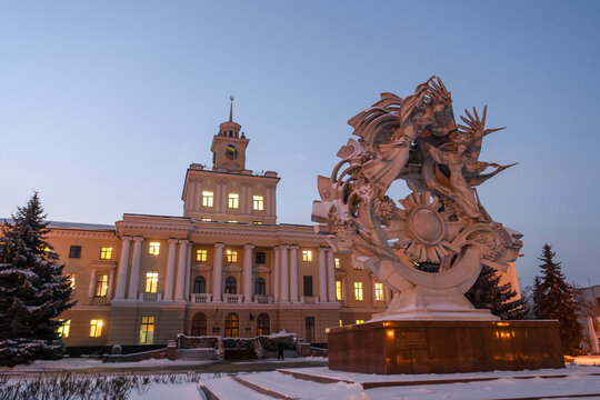 Monumental sculpture Faith, Hope, Love on the Independence Square in Khmelnytsky, Khmelnytskyi, Ukraine 2023 November 29