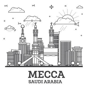 Outline Mecca Saudi Arabia city skyline with modern and historic buildings isolated on white. Mecca cityscape with landmarks.