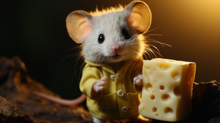 a mouse with a piece of cheese in his hand - obrazy, fototapety, plakaty