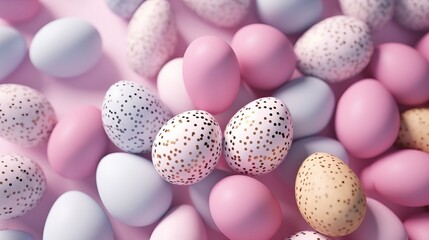 Vibrant pastel and gold speckled easter eggs background - 3d render for happy easter celebrations, big hunt, or sale banner