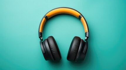 Fototapeta na wymiar Black wired headphones lie on a blue background