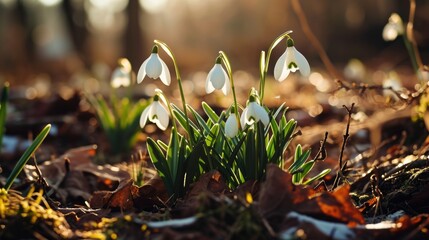 White snowdrop flowers bloom outdoors with sunlight
