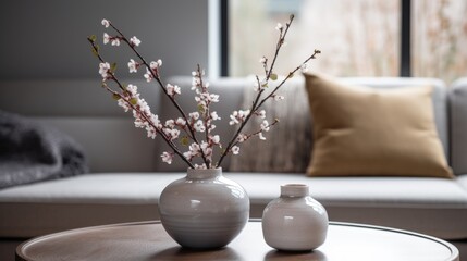 Close-up of a ceramic vase with flowers on a round coffee table against the background © Julia Jones