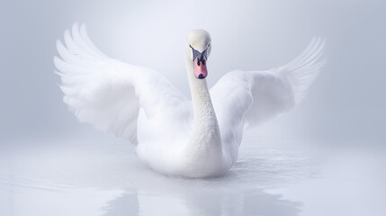 white swan spread wings on white background
