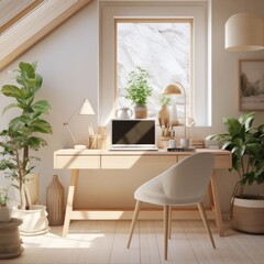 Home office interior. Workplace in light Scandinavian