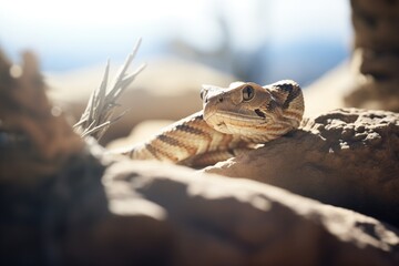 partially hidden rattlesnake in the shadow of a rock - obrazy, fototapety, plakaty