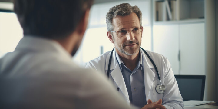 Doctor, male patient and conversation in an office for medical exam results or consultation in a hospital. Confident, man and serious discussion about health, insurance or treatment for illness