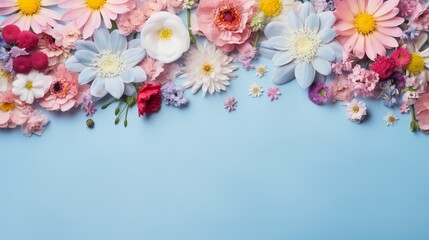 Delicate pastel blooms: petal frame on tranquil blue background, top-down view