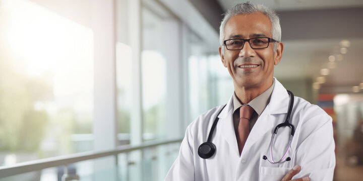 Portrait, mature male and doctor in a hospital for healthcare, surgeon and medical service. Confident, smile and friendly senior man in a clinic for consultation, health professional occupation
