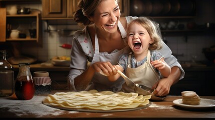 Maman faisant des crêpes avec sa fille pour la Chandeleur