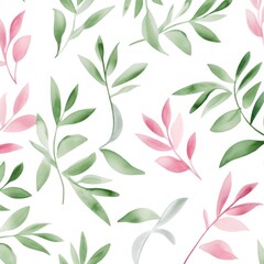 A pattern of pink and green leaves on a white background