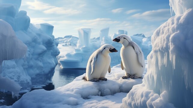 Two Young Penguins in Arctic Snow