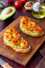 Sandwiches with shrimp and guacamole. Healthy eating. Diet. Breakfast.