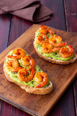 Sandwiches with shrimp and guacamole. Healthy eating. Diet. Breakfast.