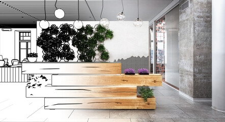 Open and transparent office architecture with reception counter in modern, wood design (preview) - 3D visualization
