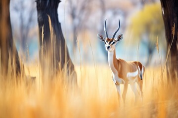 lone springbok standing alert among acacia trees - obrazy, fototapety, plakaty