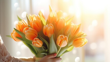 Women's hands holding a bouquet of orange or peach tulips for congratulations on Mother's Day, Valentine's Day, women's Day. Blurred background.