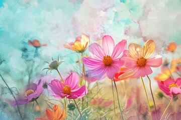 Cute watercolor of yellow cosmos flowers with copy space background.