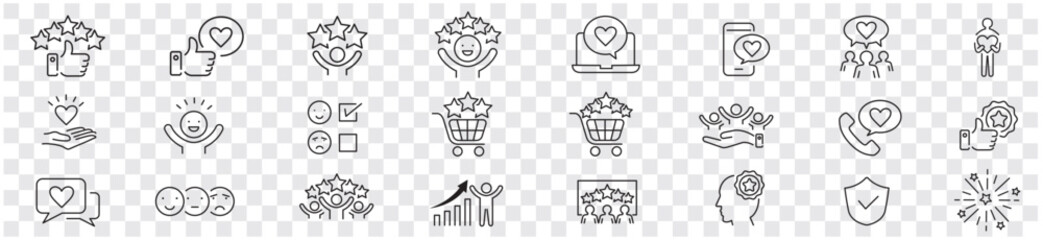 Satisfaction, Positive Feedback, Customer satisfaction, Fulfillment, Recommend, Happiness, Star, Satisfied, Gratification editable stroke line icon set collection Vector.
