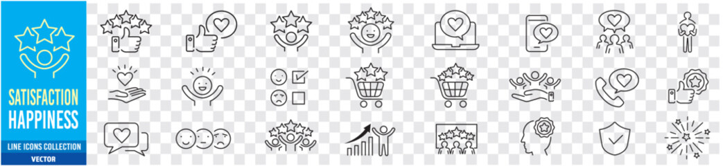 Satisfaction, Positive Feedback, Customer satisfaction, Fulfillment, Recommend, Happiness, Star, Satisfied, Gratification editable stroke line icon set collection Vector.