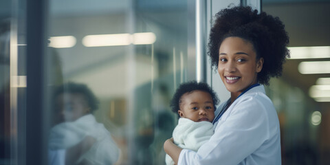 Portrait, Paediatrician and doctor holding a newborn baby in a clinic for exam, growth development and health. Happy, smile and caring medical professional in a hospital for infant care and patient - obrazy, fototapety, plakaty