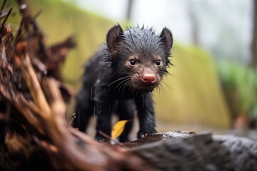 young tasmanian devil emerging from den
