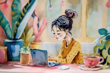 Cute painting watercolor of woman working with laptop in cozy room.