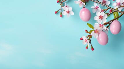 Easter delight: pastel pink eggs on blossoming branch, vibrant turquoise background - copy space for greetings or invitations

