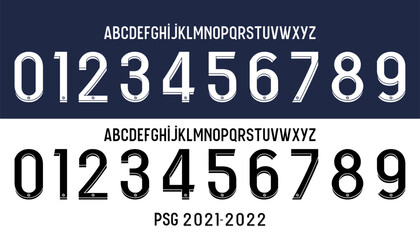font vector team 2021-2022 kit sport style font. football style font with lines. paris football font. mbappe sports style letters and numbers for soccer team