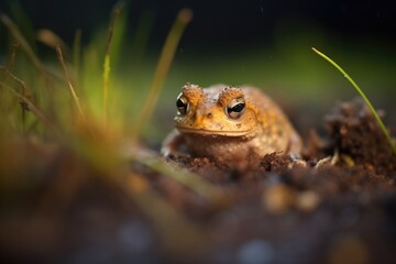 softly lit toad on a patch of dark soil