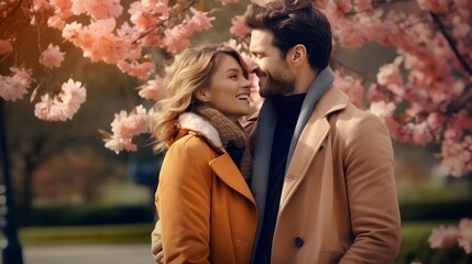 A young couple is walking in a spring park. The concept of St. Valentine