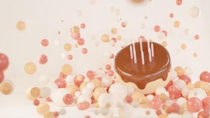 3D illustration of a round chocolate cake with candles on top of scattering balls on white background