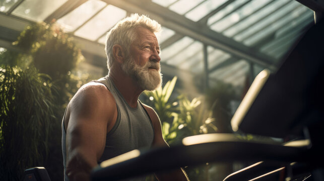 Senior man, gym and cardio with fitness, treadmill and training in gym for strength and sports. Thinking, vision and ideas for health, wellness and confidence with diet, exercise and weight loss