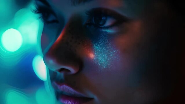 A closeup of a womans face, her skin covered in a matrix of neon blue and green lights, giving off a cybernetic aura.