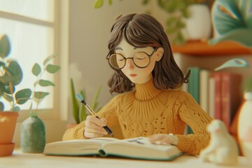Cute painting watercolor of woman write a book.