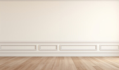 Pusta biała ściana z miejscem na kopię sztukaterii, drewniana dębowa podłoga. Jasne, klasyczne wnętrze - 706258523