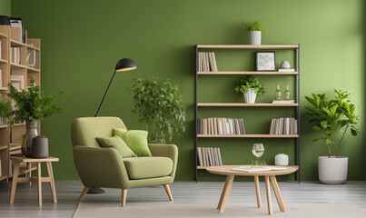 Jasne wnętrze, dużo światła, zielona sofa i krzesło na tle zielonej ściany z półką na książki. Skandynawski wystrój nowoczesnego salonu z zielenią - obrazy, fototapety, plakaty