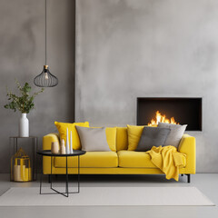 Jasna sofa z żółtymi poduszkami na tle betonowej ściany z kominkiem. Skandynawski wystrój wnętrz nowoczesnego salonu. Skandynawski wystrój wnętrz. Dużo światła. Jasne przestronne wnętrze - obrazy, fototapety, plakaty
