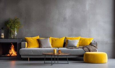 Jasna sofa z żółtymi poduszkami na tle betonowej ściany z kominkiem. Skandynawski wystrój...