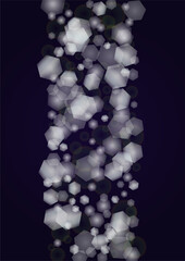 Vector Magical Glowing Background with Silver and Purple Falling Hexagon Snowflakes on Black. Falling Snow. Glittery Confetti Frame. Cosmic Bokeh Light. Christmas and New Year Poster. Winter Sky..