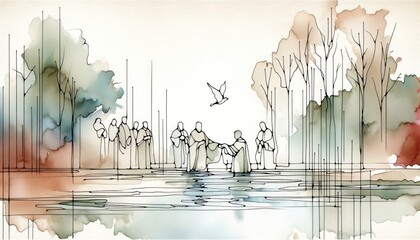 Watercolor painting of a river Baptism