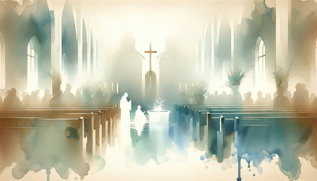 Watercolor painting of Baptism in a Church